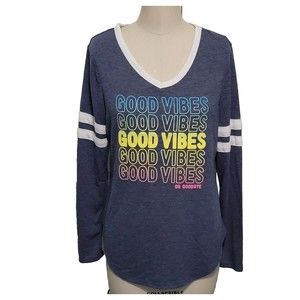 Jerry Leigh Shirt Juniors L (11-13) Long Sleeve Gray V-Neck Good Vibes Rainbow